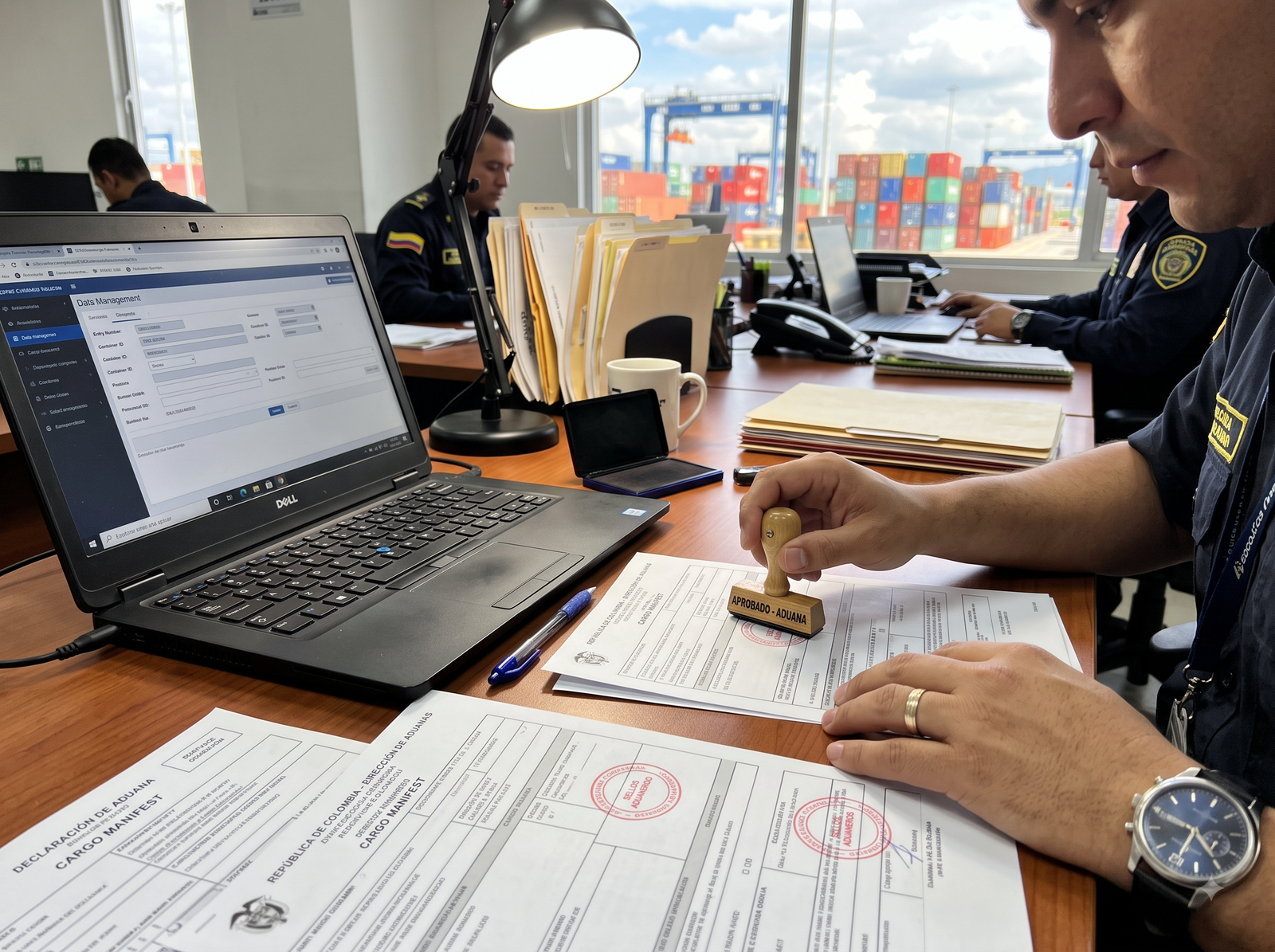 Agente revisando documentación y sellos aduaneros — gestión de aduana de Connecta Global Logistics
