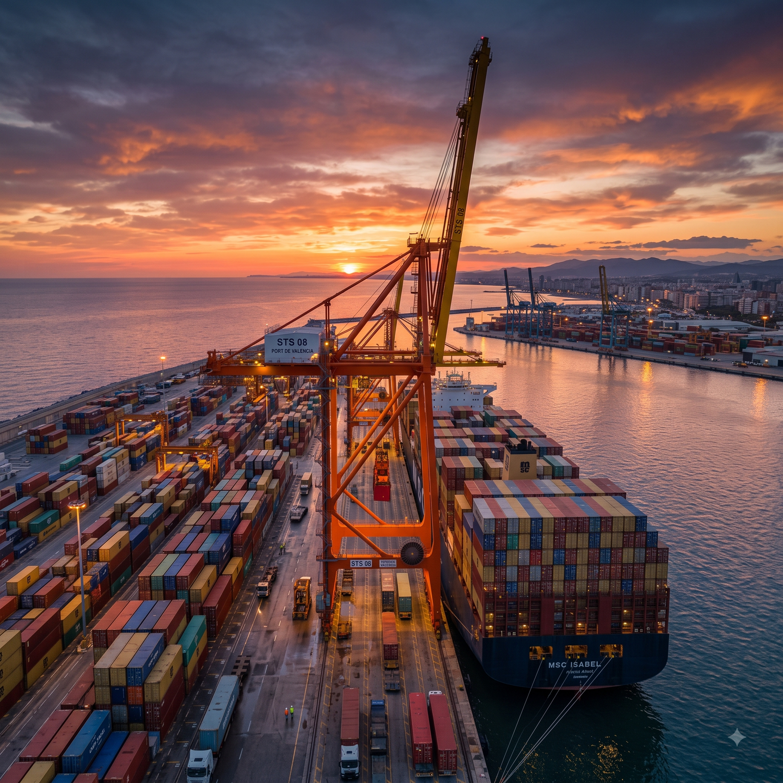 Puerto de contenedores al atardecer con grúa pórtico — Connecta Global Logistics