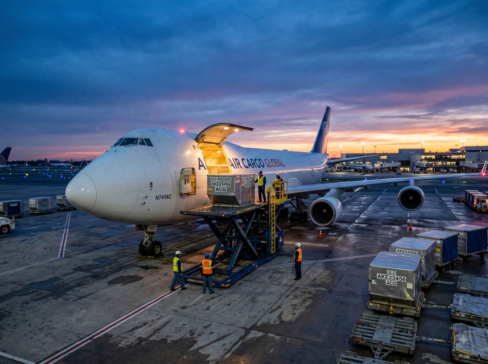 Contenedores aéreos ULD siendo cargados — transporte aéreo de Connecta Global Logistics